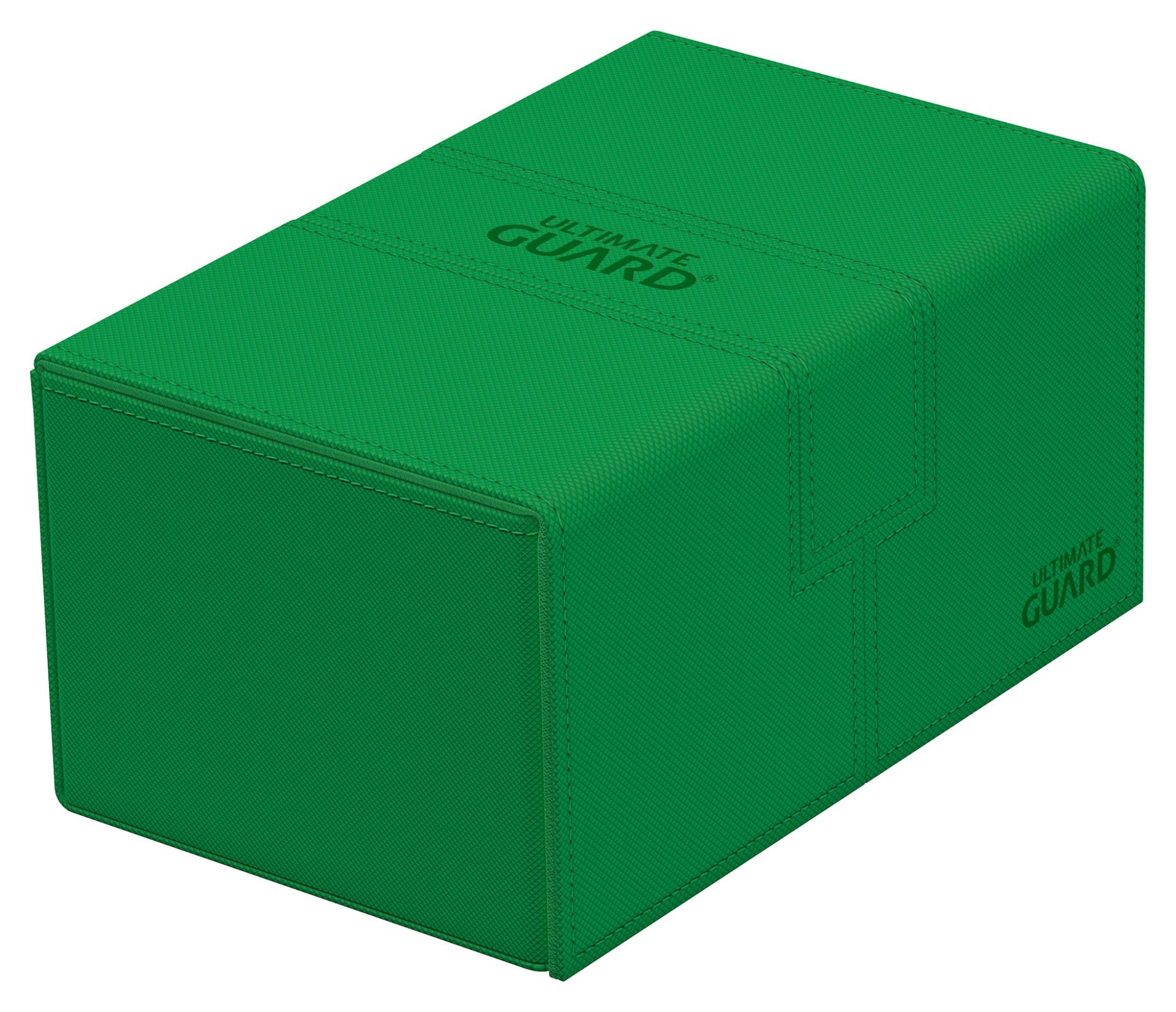 Ultimate Guard Twin Flip'n'Tray 160+ - Green - Green Ultimate Guard Twin Flip'n'Tray 160+ deck box with textured surface and logo embossed on top and side.