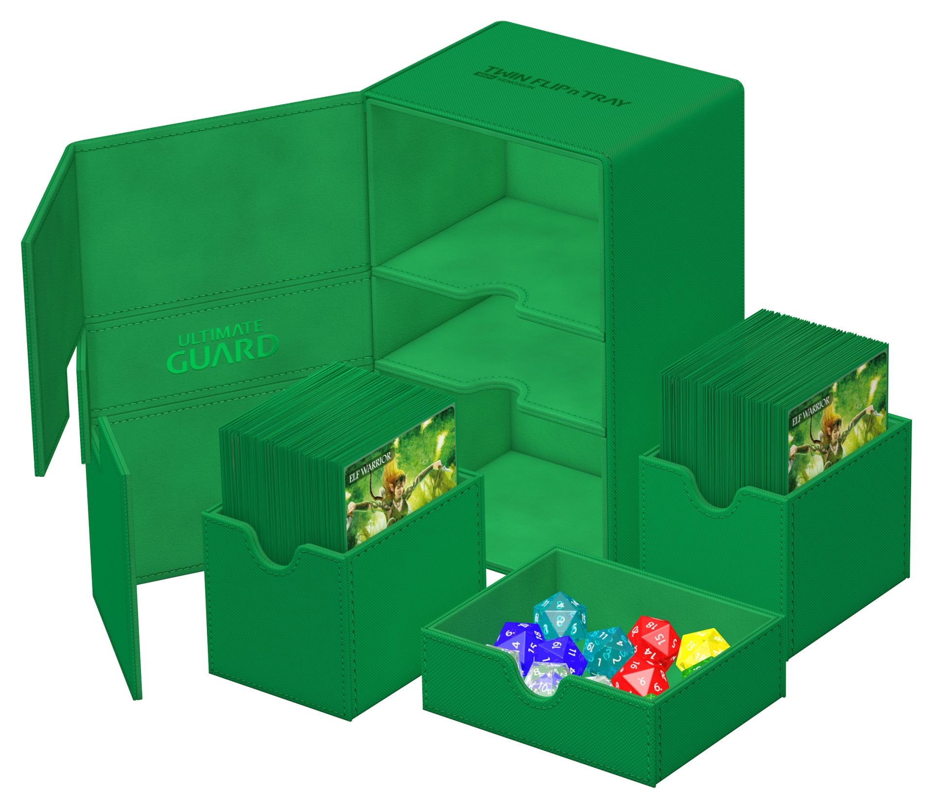 Ultimate Guard Twin Flip'n'Tray 160+ - Green - Green Ultimate Guard Twin Flip'n'Tray 160+ card storage box with multiple compartments and colorful dice.