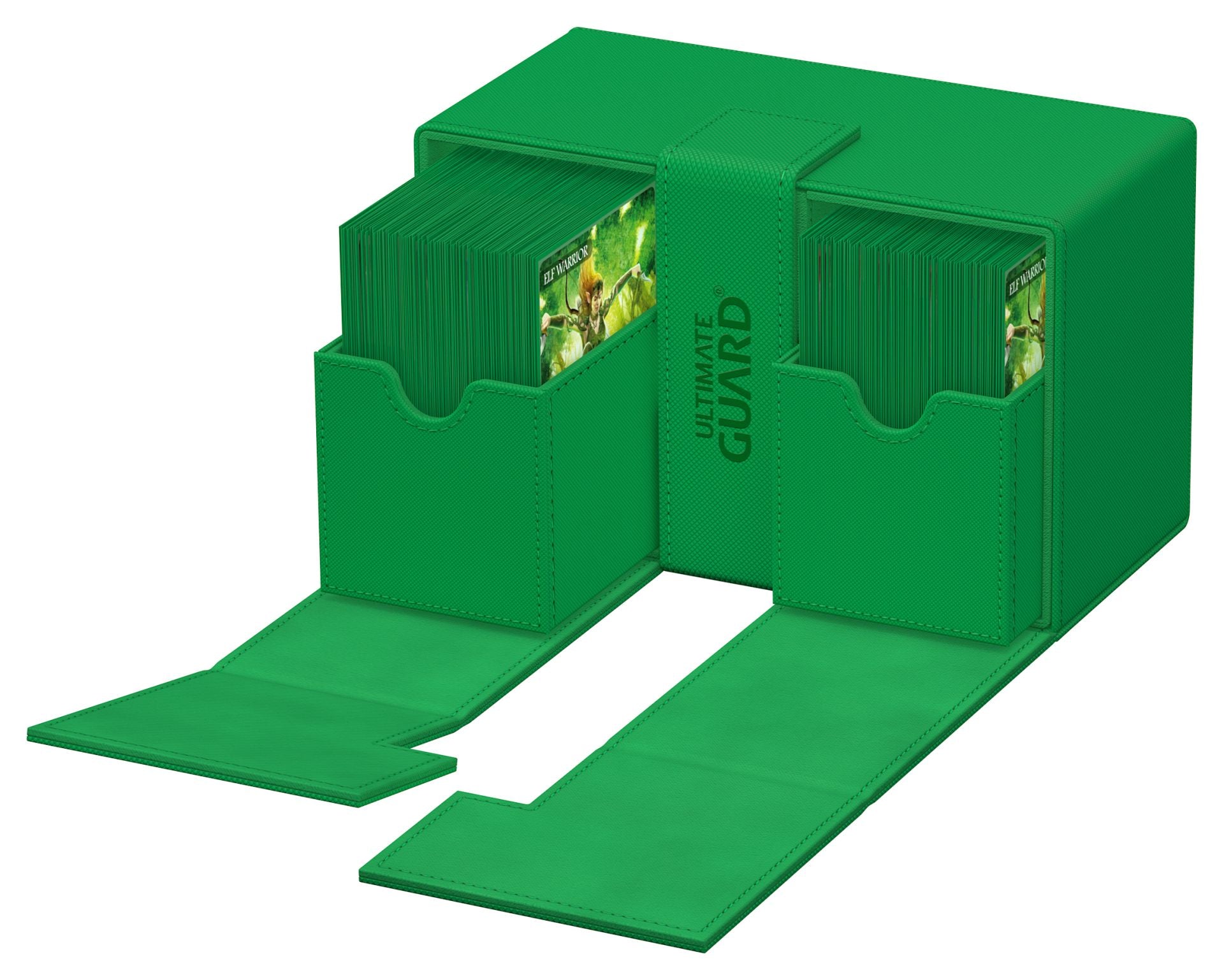 Ultimate Guard Twin Flip'n'Tray 160+ - Green - Green double deck card storage box with flip-open trays and internal dividers for 160+ cards.