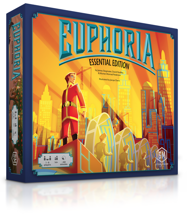 Euphoria Essential Edition (PREORDER) - Colorful board game box with futuristic cityscape and stylized characters on bright orange background.