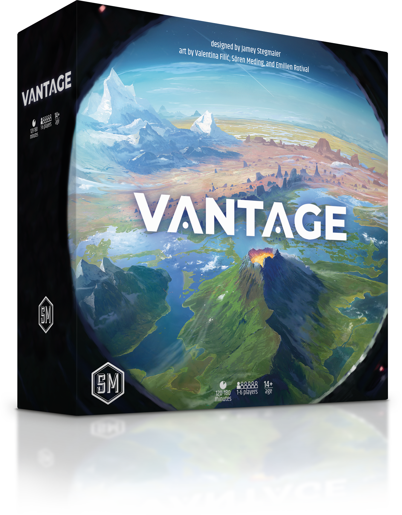 Vantage - Square board game box with a scenic landscape of mountains, valleys, and a colorful sky, featuring the bold white title.