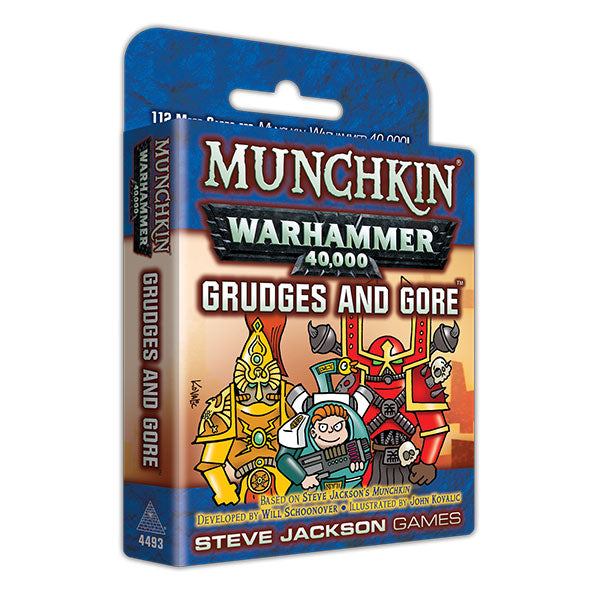 Munchkin: Warhammer 40k: Grudges and Gore (PREORDER) - Compact rectangular card game expansion pack with colorful Warhammer 40k-themed cartoon characters on blue and orange.