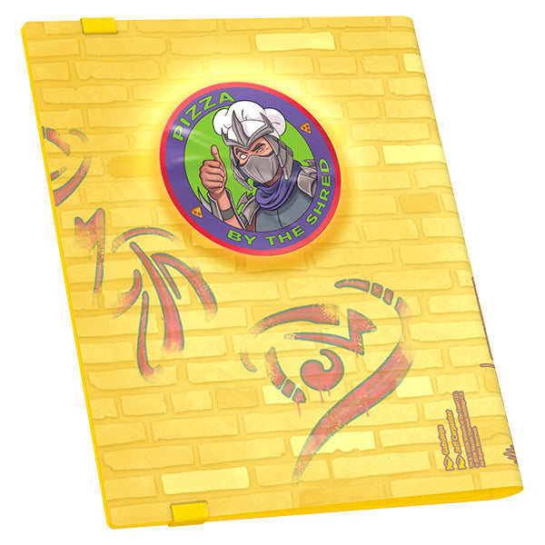 Ultimate Guard18-Pocket FlexXFolio 360 Portfolio: Teenage Mutant Ninja Turtles - Plains - Yellow card portfolio with brick wall pattern, Teenage Mutant Ninja Turtles pizza-themed patch, and abstract TMNT graffiti.