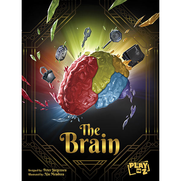 The Brain (PREORDER) - Colorful 3D brain model segmented into red, yellow, green, and blue floating among keys, gears, and books on a dark.