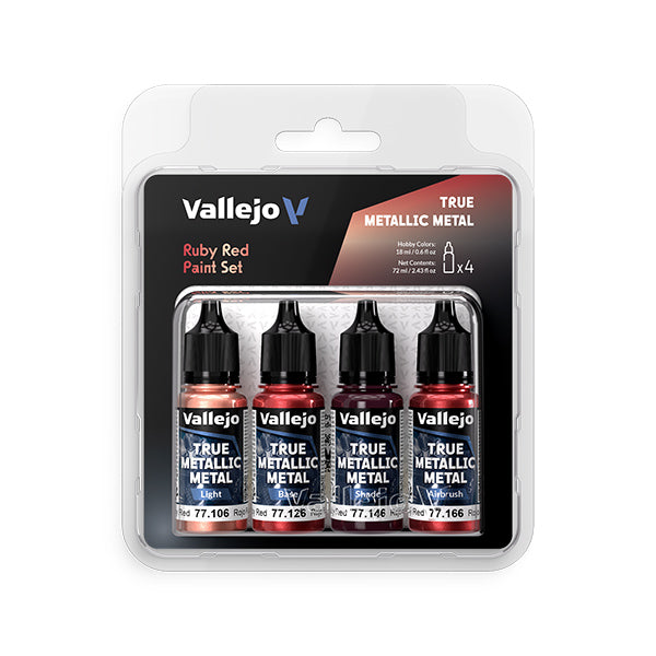 Vallejo True Metallic Metal Set: Ruby Red (4 Color Set), 18 ml. - Set of four Vallejo True Metallic Ruby Red paint bottles, each 18ml, with black caps in clear plastic packaging.