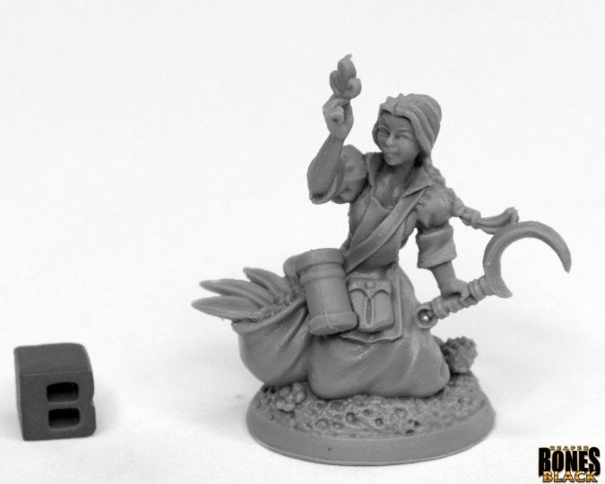 Elf Druid Herbalist - Gray resin miniature of an elf druid herbalist kneeling with herbs, potion, and sickle on a textured base.
