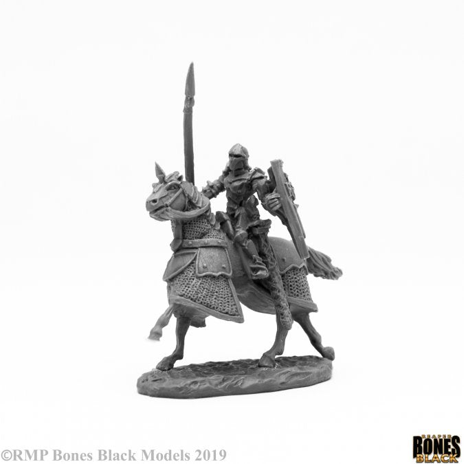 Overlord Cavalry - Gray plastic fantasy knight riding armored horse, holding spear and shield, on textured base.