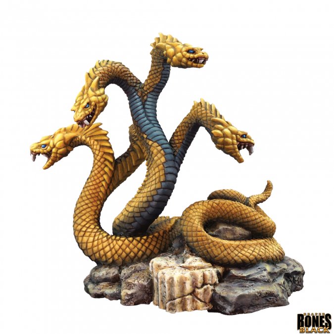 Hydra - Golden and dark blue three-headed dragon sculpture coiled on a rocky base with detailed scales and fierce expressions.