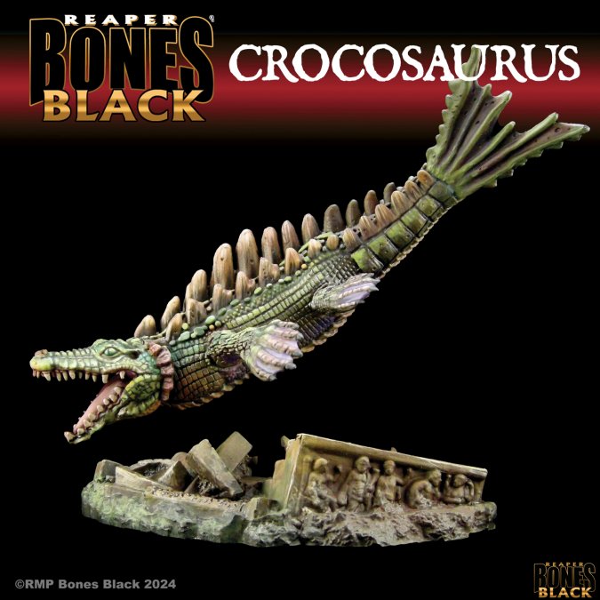 Crocosaurus (Crocodile-Dragon) - Green and beige scaly crocodile-dragon figure with spiked back and elongated tail on a detailed rocky base.