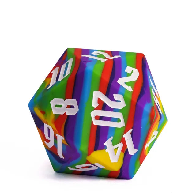 Giant Bouncy D20 - Rainbow Stripes - Large 20-sided bouncy die with vibrant rainbow stripes and white numbers.