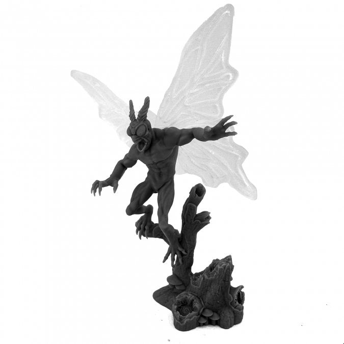 Cryptid Mothman - Black matte figurine of an insect-like humanoid with large wings perched on a textured base resembling tree bark.