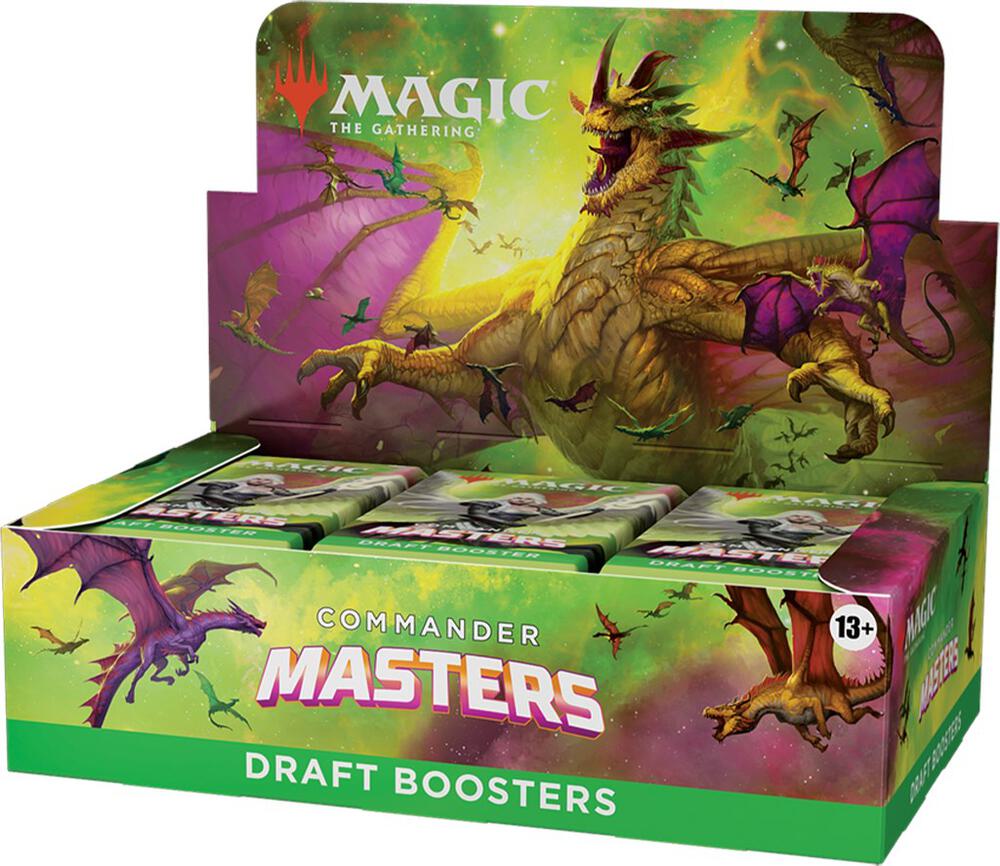 Magic: The Gathering - Commander Masters - Draft Booster Box - The Gathering Commander Masters Draft Booster Box with dragons and green-purple fantasy artwork.