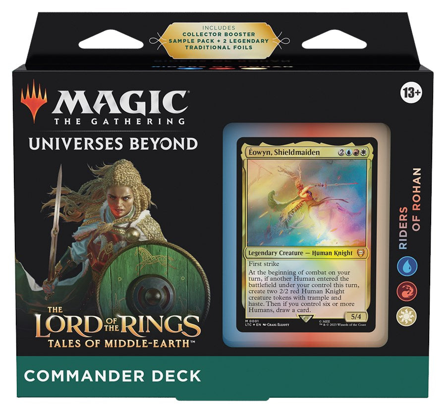 Magic: The Gathering - Lord of the Rings: Tales of Middle-Earth Commander Deck - Riders of Rohan - The Gathering Lord of the Rings Tales of Middle-Earth Riders of Rohan Commander Deck box with illustrated warrior and foil.