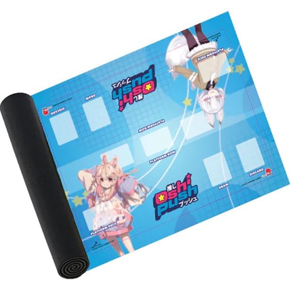 Playmat: Oshi Push - 2-Player Tenma & Pippa - Blue rectangular gaming playmat with anime-style characters Tenma and Pippa, grid layout, and black rolled edge.