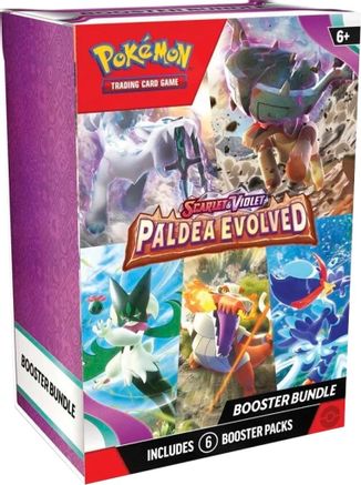 Pokémon TC - Scarlet & Violet Paldea Evolved - Booster Bundle - Pokémon Scarlet & Violet Paldea Evolved booster bundle box with artwork of Pokémon characters and six booster pack icons.