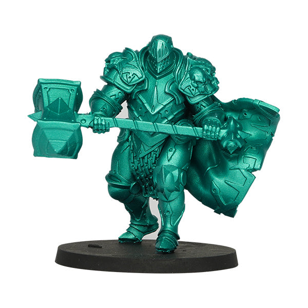 Vallejo True Metallic Metal Airbrush: Beetle Green (18ml) - Metallic beetle green painted miniature knight holding a large hammer and shield, standing on a black round base.