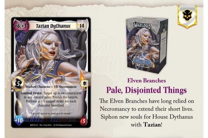 Warlord: Saga of the Storm - Into the Accordlands - Elven Branches Starter Deck - Trading card featuring a pale, ethereal female elf with white hair and pointed ears, titled Toxdan Dythanus, alongside.