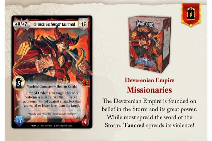 Warlord: Saga of the Storm - Into the Accordlands - Deverenian Empire Starter Deck - Saga of the Storm trading card featuring armored demon warrior with fiery background and a colorful starter deck box with.