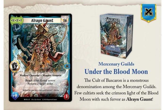 Warlord: Saga of the Storm - Into the Accordlands - Mercenary Guilds Starter Deck - Saga of the Storm Mercenary Guilds starter deck box featuring fantasy artwork with a monstrous warrior, dark blue and gold.