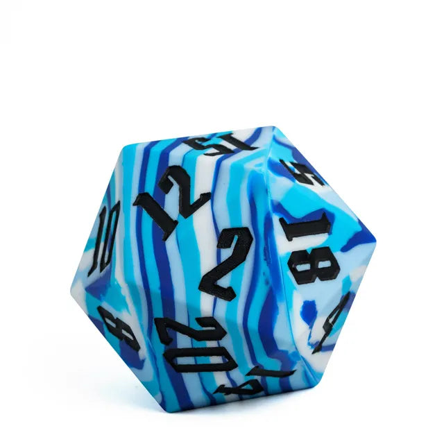 Giant Bouncy D20 - Blue Stripes - Giant 20-sided dice with blue and white stripes and black numbers.