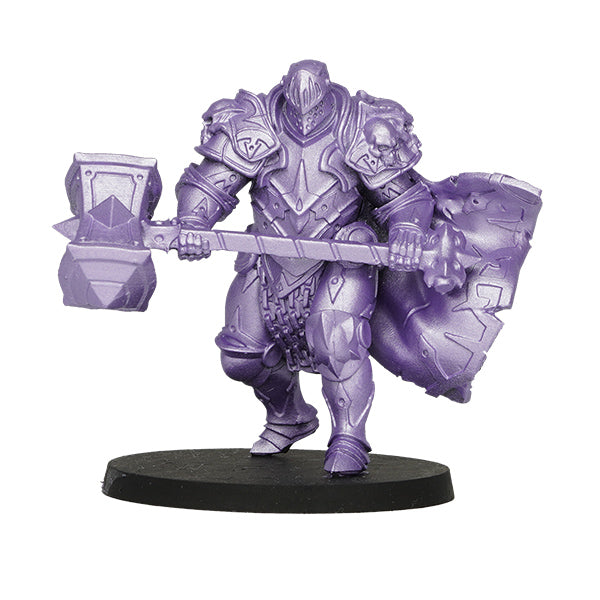 Vallejo True Metallic Metal Light: Celestial Violet (18ml) - Unpainted miniature armored warrior holding a large war hammer, coated in metallic violet paint on black round base.