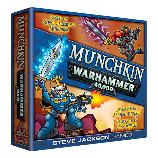 Munchkin: Warhammer 40k (PREORDER) - Colorful board game box featuring a sci-fi warrior in blue armor firing a gun, with a smaller robot flying above, set on a.