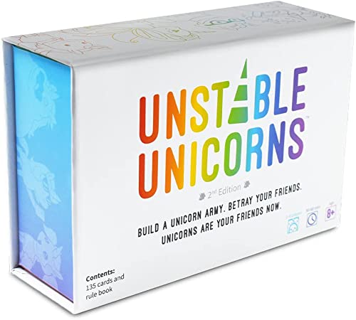 Unstable Unicorns - Unstable Unicorns card game box with colorful text and white background.