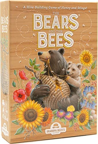 The Bears and the Bees - The Bears and the Bees card game box with a bear and cub holding a beehive surrounded by sunflowers and colorful flowers on.