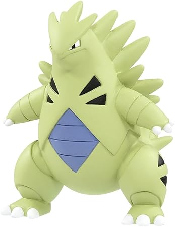Takaratomy Pokemon Figure Collection - Tyranitar - Light green Tyranitar figure with black triangular markings, blue chest plate, and spiked back detail.