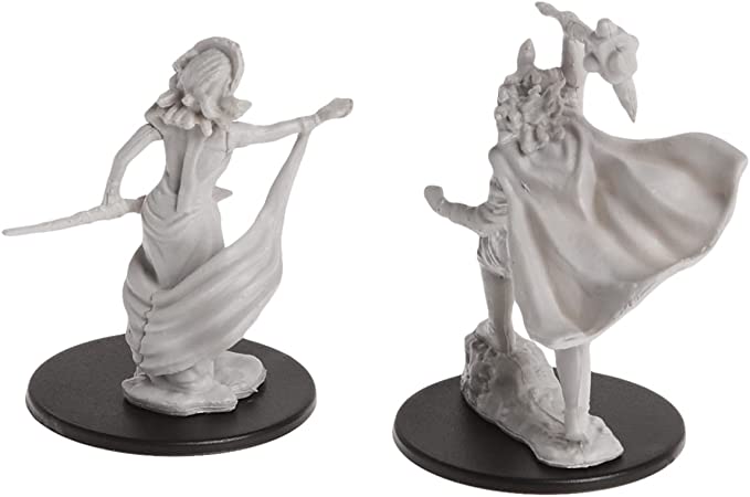 D&D: Nolzur's Marvelous Minis: Medusas W4 - Unpainted resin miniatures of a Medusa woman wielding a bow and a flowing-robed warrior with raised sword, both on round.