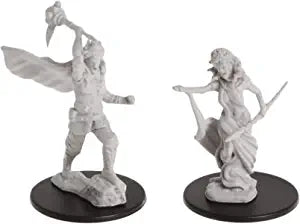 D&D: Nolzur's Marvelous Minis: Medusas W4 - Unpainted D&D Medusa miniature with snake hair and spear, posed with a warrior holding an axe on a rock base.