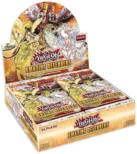 Yu-Gi-Oh! Amazing Defenders Booster Box - Yu-Gi-Oh! Amazing Defenders booster box with colorful fantasy character artwork and branded pack designs.
