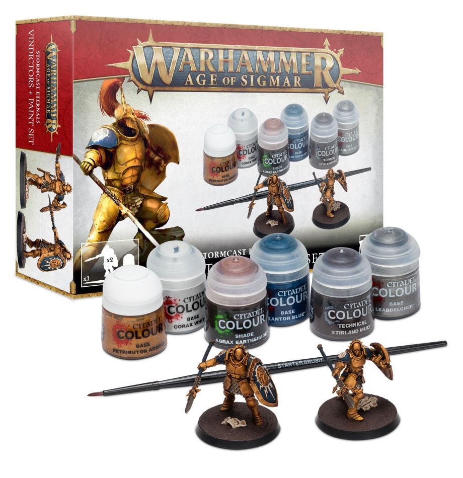 Warhammer Age of Sigmar - Stormcast Eternals - Vindictors and Paint Sets - Warhammer Age of Sigmar Vindictors figures with paint pots including metallic gold, blue, and brown colors.