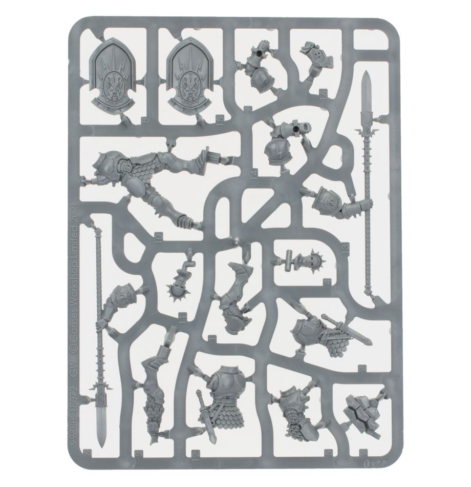 Warhammer Age of Sigmar - Stormcast Eternals - Vindictors and Paint Sets - Gray plastic sprue with detailed miniature parts including armor, weapons, and shields for assembling Warhammer Age of.