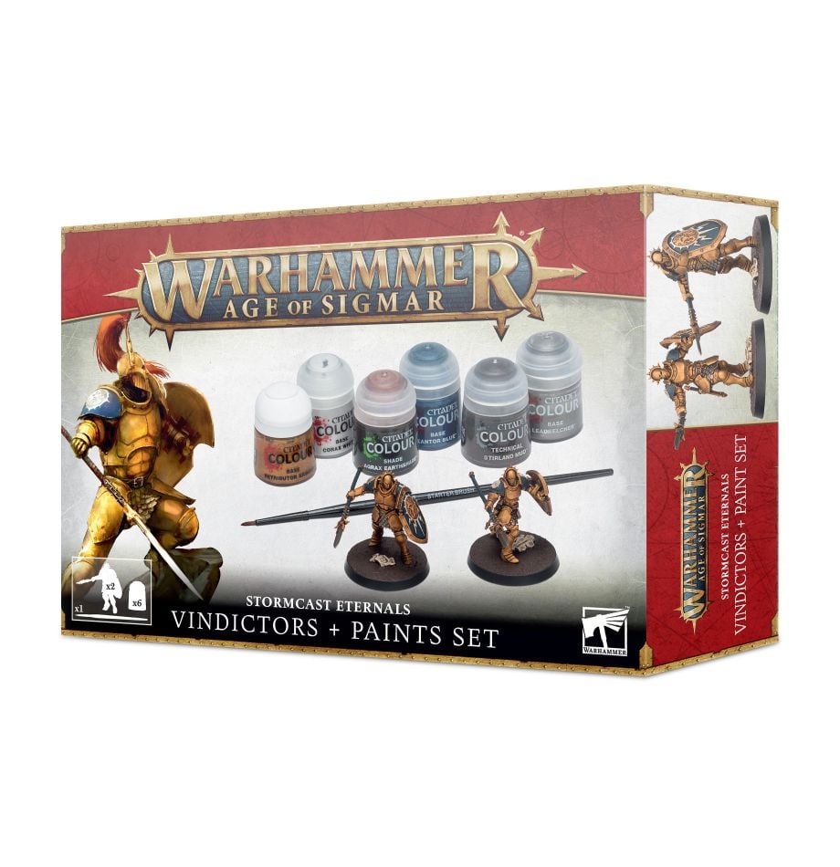 Warhammer Age of Sigmar - Stormcast Eternals - Vindictors and Paint Sets - Warhammer Age of Sigmar Stormcast Eternals Vindictors box with miniature and six paint pots.