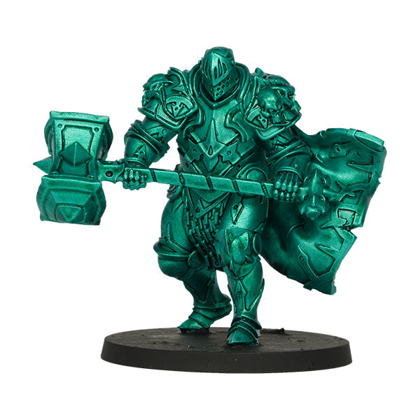 Vallejo True Metallic Metal Shade: Beetle Green (18ml) - Metallic green painted miniature medieval knight holding a large hammer, detailed armor, standing on round black base.