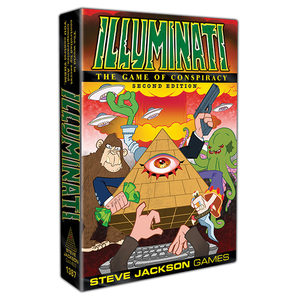 Illuminati: The Game of Conspiracy 2nd Edition (PREORDER) - Illuminati board game box with colorful cartoon art including pyramid with eye, creatures, and characters on black.