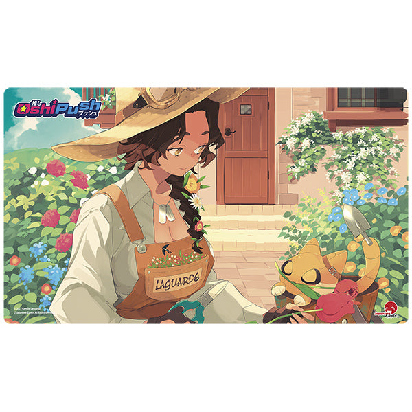Playmat: Oshi Push Standard - Gen Two Hidden Links - Captain Camille (PREORDER) - Rectangular playmat featuring an anime-style character with brown braided hair and a wide-brimmed hat, surrounded by.