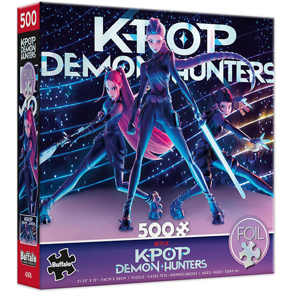 K-Pop Demon Hunters Puzzle - Huntr/x Battle (500 Piece Foil) (PREORDER) - 500-piece foil puzzle box featuring three stylized female K-Pop demon hunters with glowing blue swords on a dark purple-blue