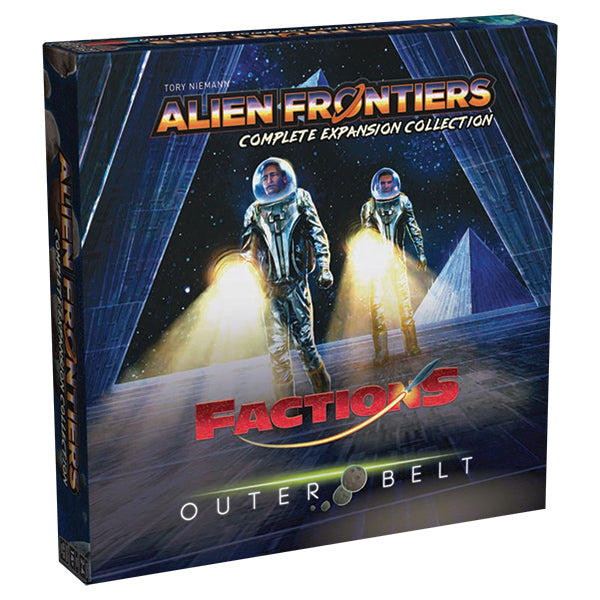 Alien Frontiers: Complete Expansion Collection (PREORDER) - Square board game box with two astronauts holding flashlights on a dark sci-fi background, titled Alien Frontiers Complete.