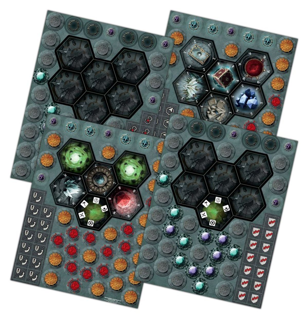 Warhammer Underworlds - Starter Set - Four hexagonal game boards with multiple colored hex spaces and various small circular tokens in red, orange, purple, and.
