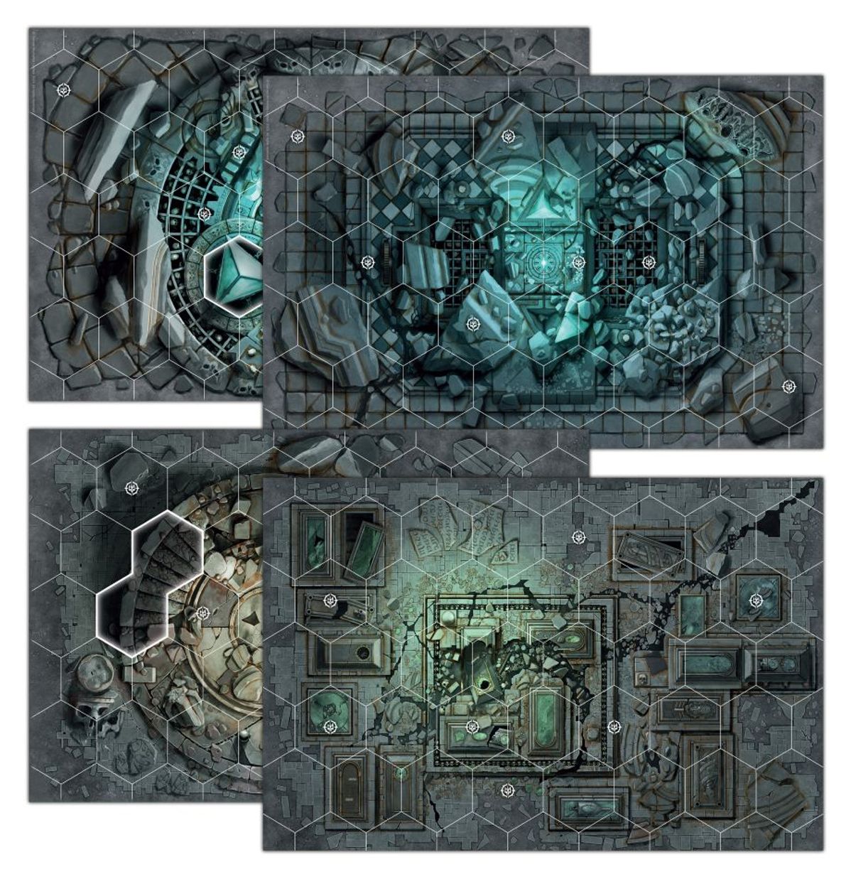 Warhammer Underworlds - Starter Set - Four rectangular game boards with dark, intricate dungeon-themed designs featuring stone textures, metal grates, and glowing
