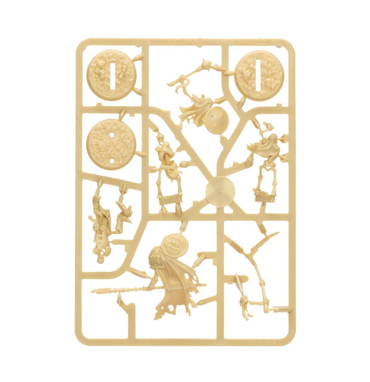 Warhammer Underworlds - Starter Set - Beige plastic model sprue with unassembled fantasy miniature parts including weapons, armor, and figures for tabletop gaming.