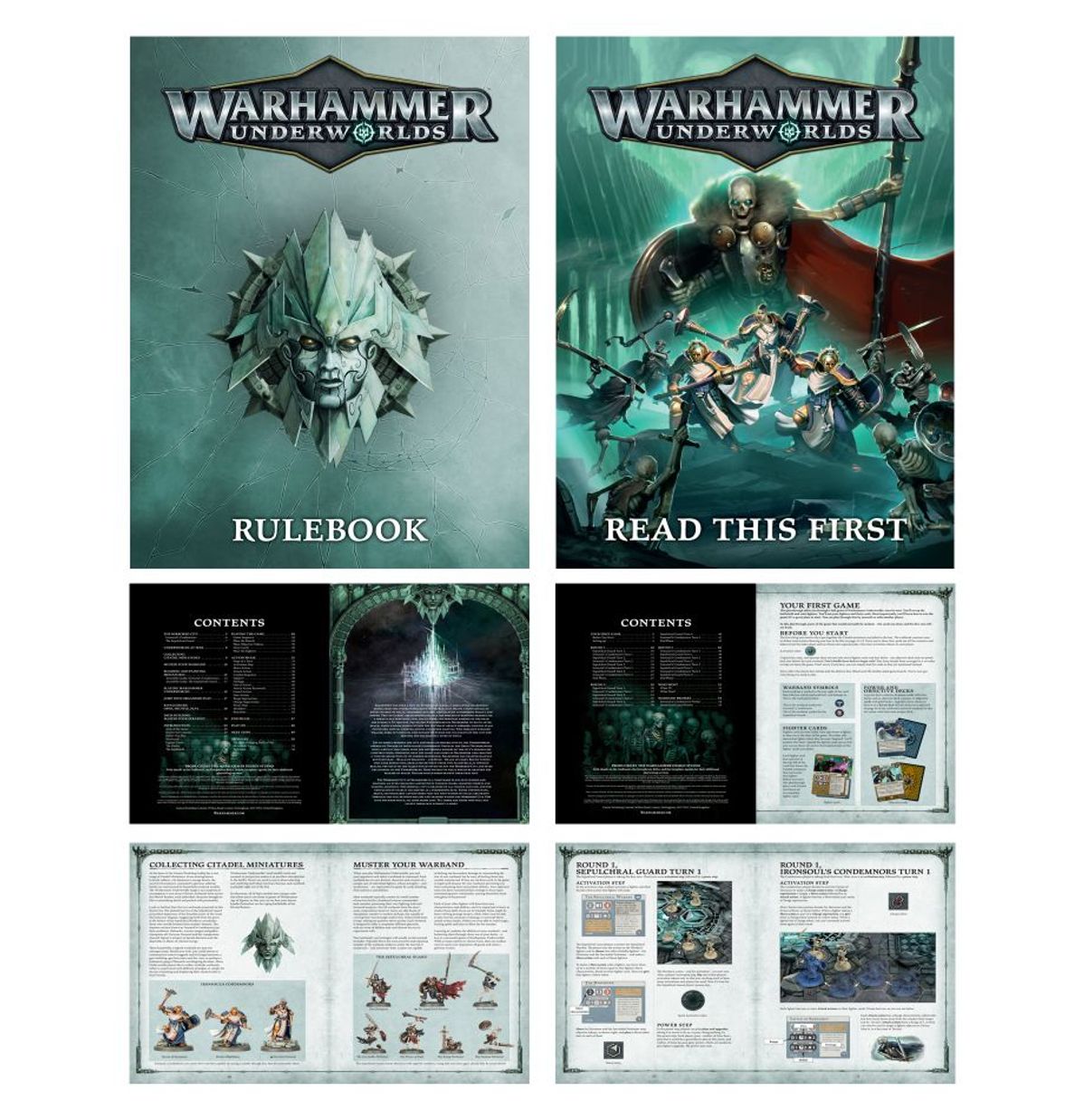Warhammer Underworlds - Starter Set - Warhammer Underworlds Starter Set with teal rulebook, guide booklet, and detailed instruction pages featuring miniatures and