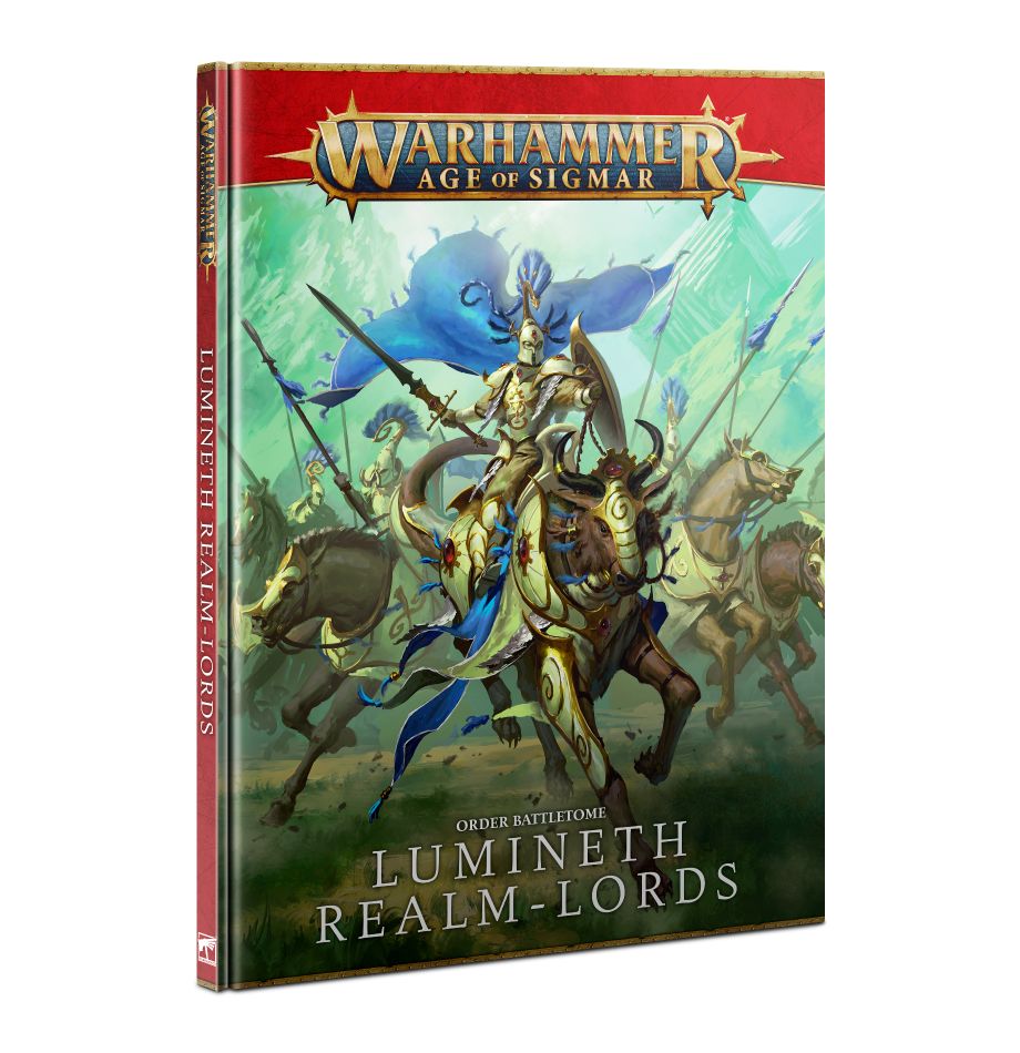Warhammer Age of Sigmar - Lumineth Realm-Lords - Battletome - Warhammer Age of Sigmar Battletome with armored Lumineth Realm-Lords warrior on horseback, vibrant blue and gold colors on.
