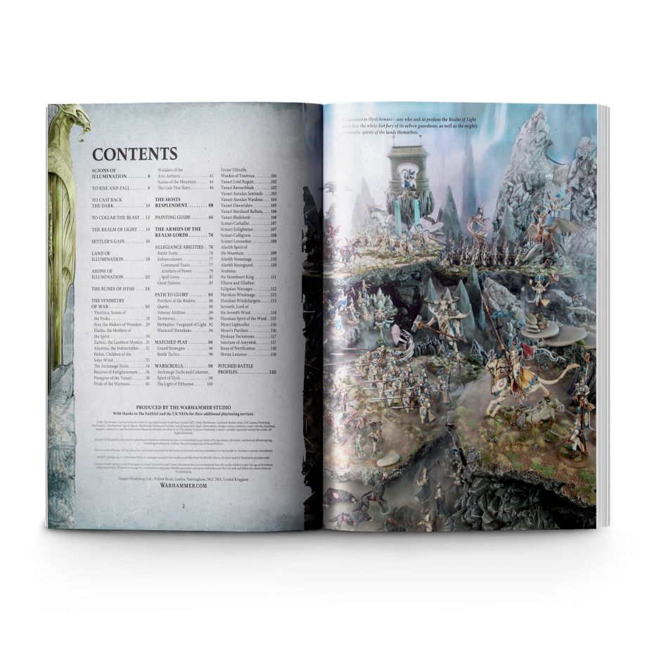 Warhammer Age of Sigmar - Lumineth Realm-Lords - Battletome - Open battletome with contents page on left and colorful detailed fantasy battle scene of miniature figures and terrain on.