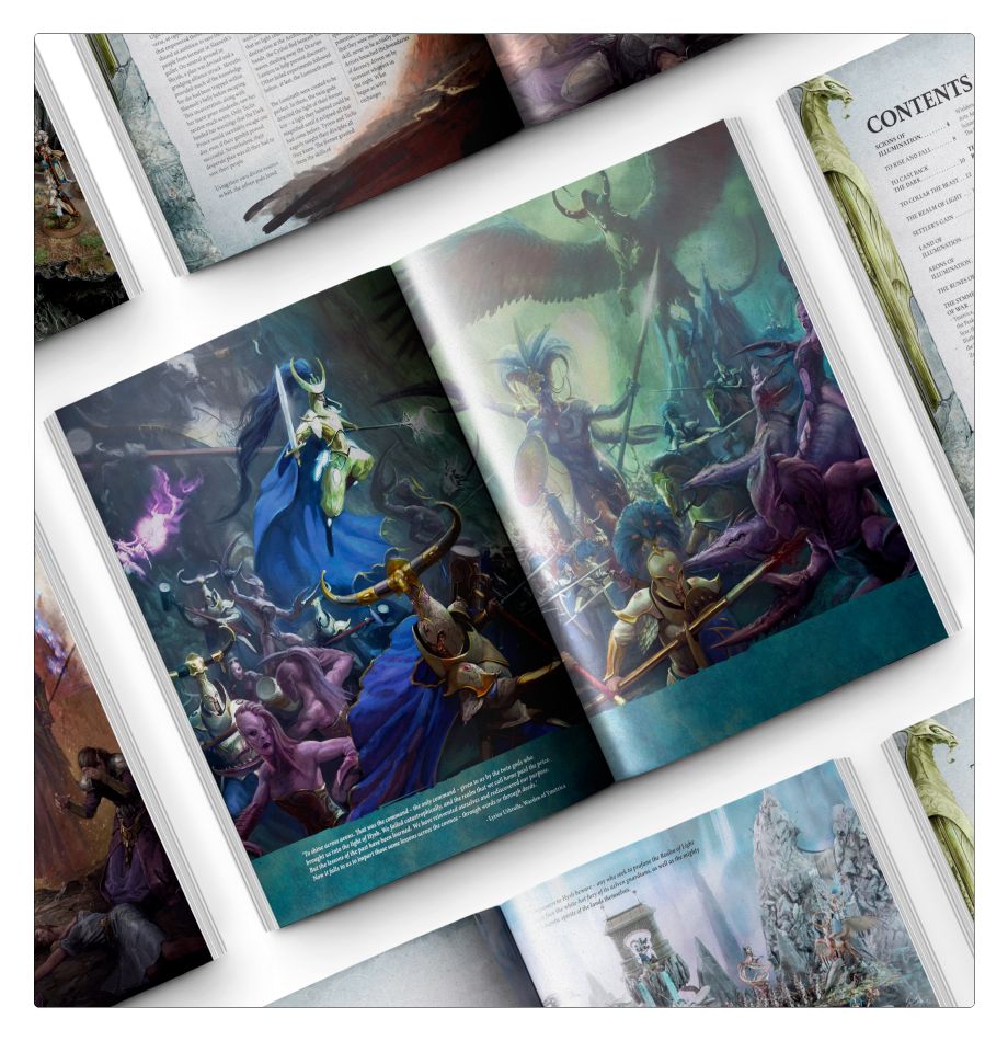 Warhammer Age of Sigmar - Lumineth Realm-Lords - Battletome - Open Warhammer Age of Sigmar Battletome featuring detailed fantasy artwork of Lumineth Realm-Lords characters in battle.