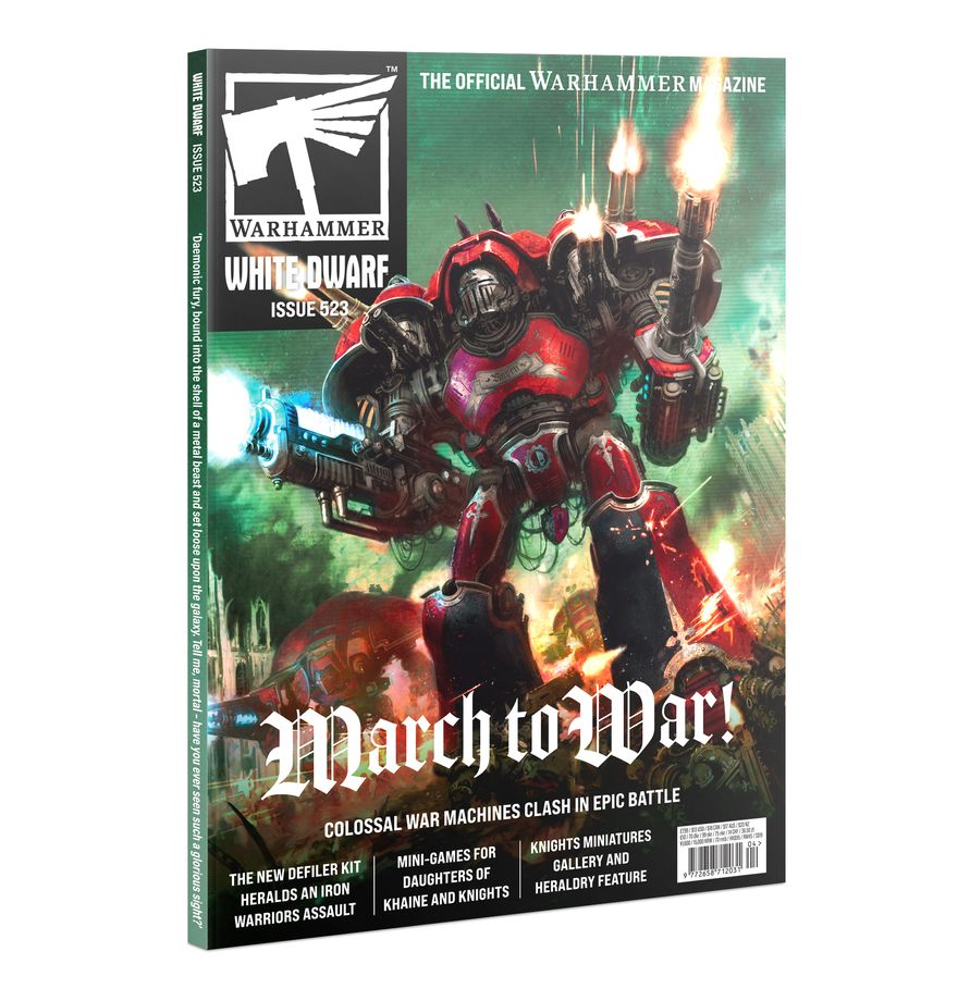 White Dwarf: Issue 523 - White Dwarf Issue 523 magazine with Warhammer 40K cover featuring red armored warrior holding weapons amid flames and smoke.