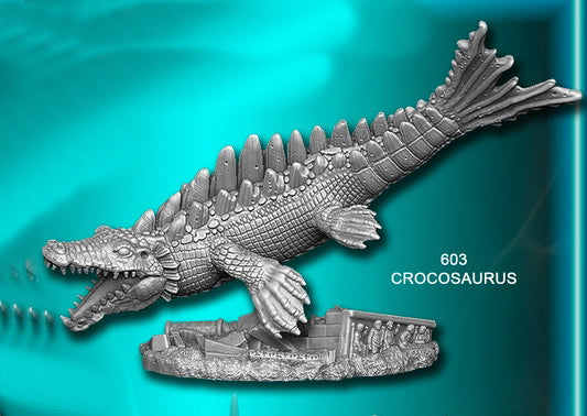 Crocosaurus (Crocodile-Dragon) - Silver metal crocodile-dragon figurine with textured scales and spiked back on engraved base.
