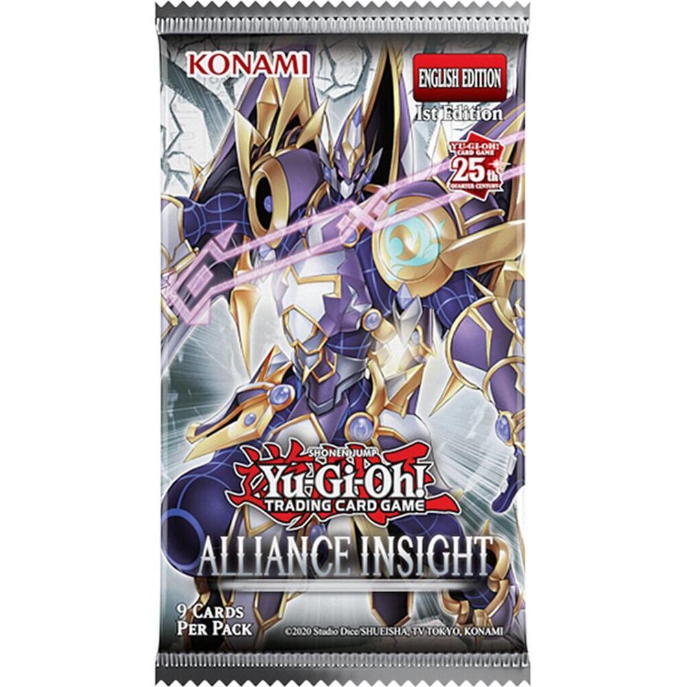 Alliance Insight Booster Pack - Yu-Gi-Oh! Alliance Insight Booster Pack with armored warrior holding a glowing orb, metallic purple and gold design.
